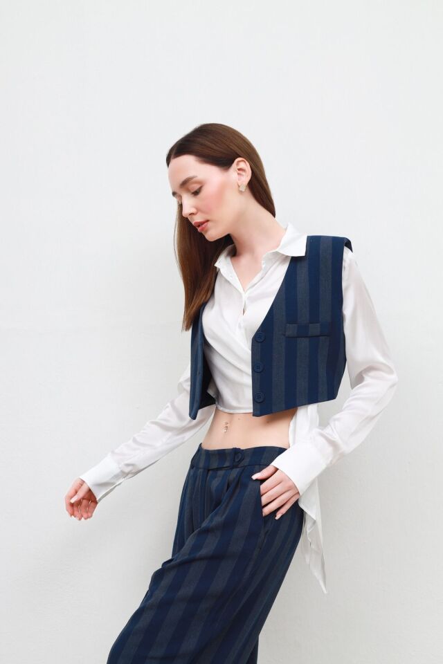 Kalın Çizgili Yelekli Takım mavi - M