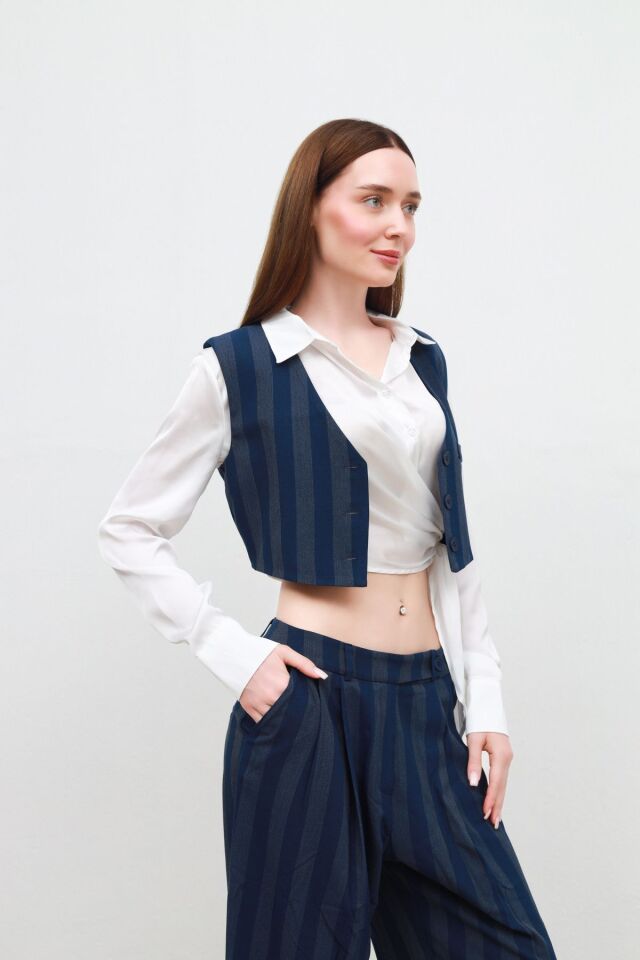 Kalın Çizgili Yelekli Takım mavi - S