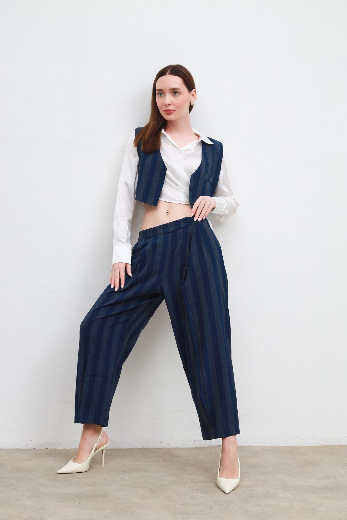 Kalın Çizgili Yelekli Takım mavi - S