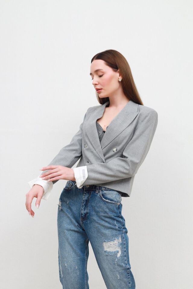 manşet detaylı ceket gri - M