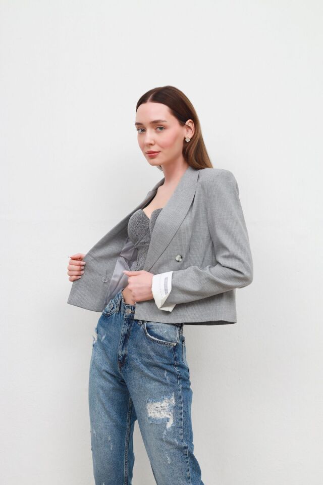 manşet detaylı ceket gri - M