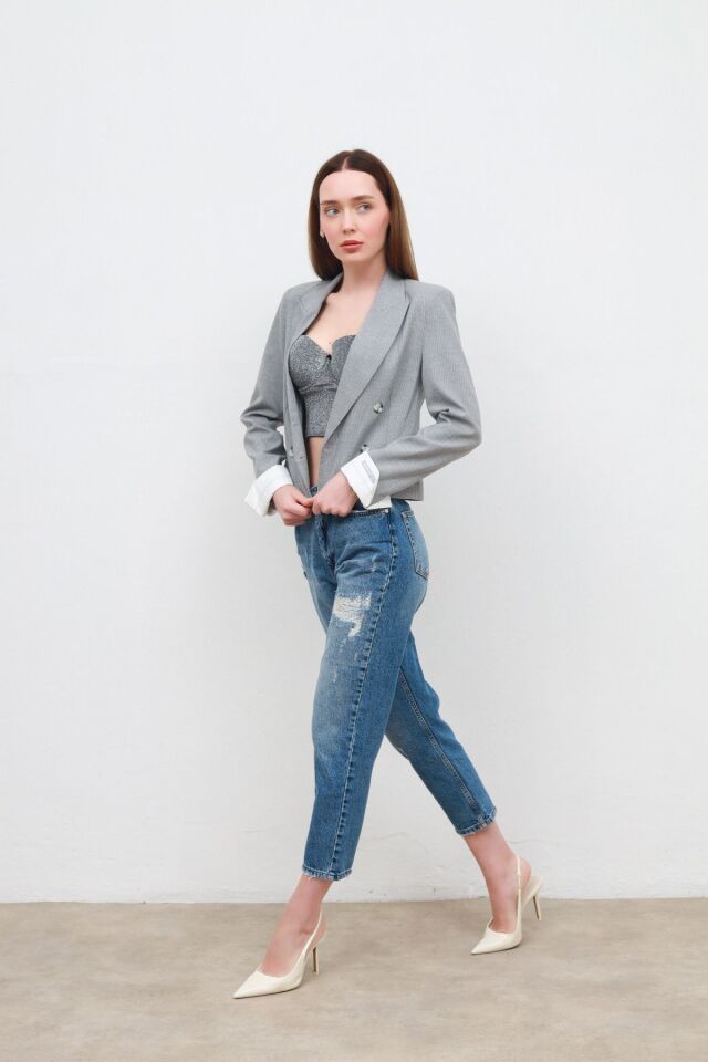 manşet detaylı ceket gri - M