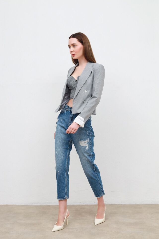 manşet detaylı ceket gri - M