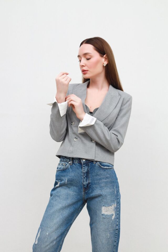 manşet detaylı ceket gri - S