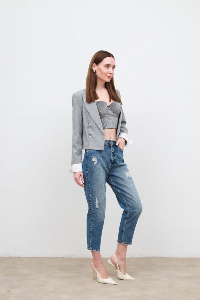 manşet detaylı ceket gri - S