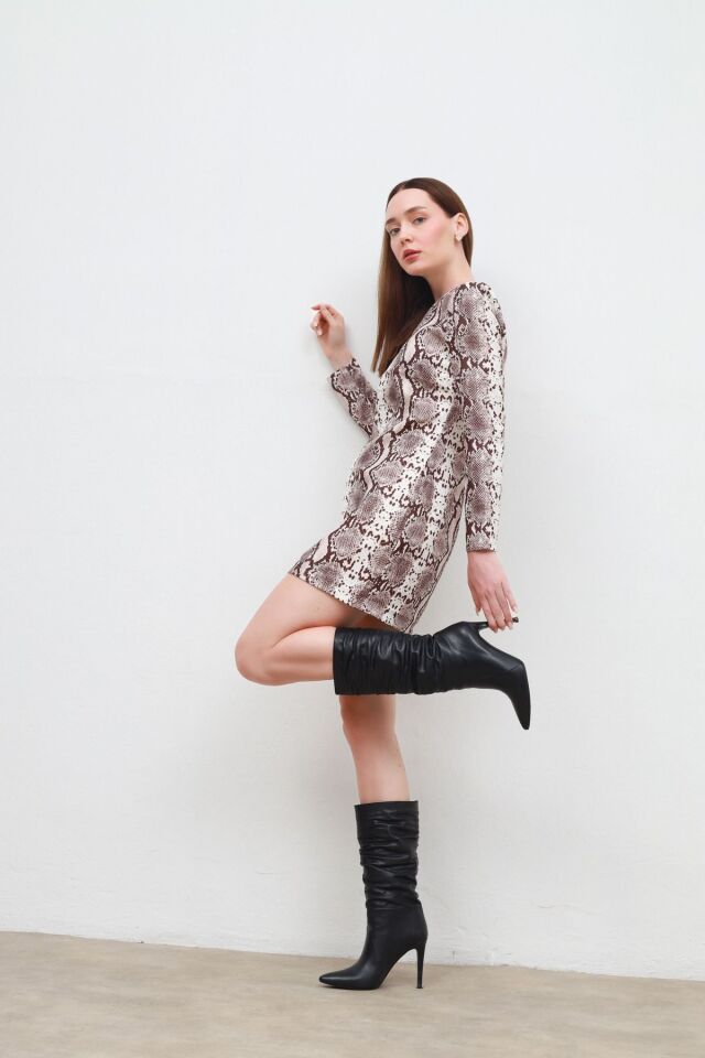 yılan baskılı elbise ekru - S