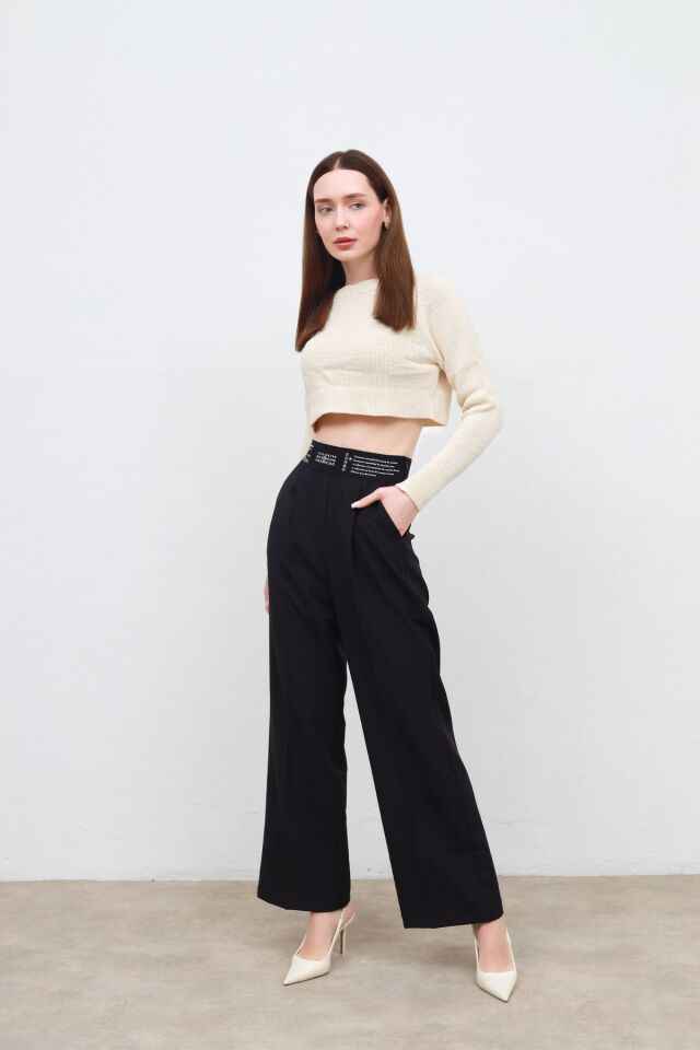 beli baskılı, lastikli pantolon siyah - S