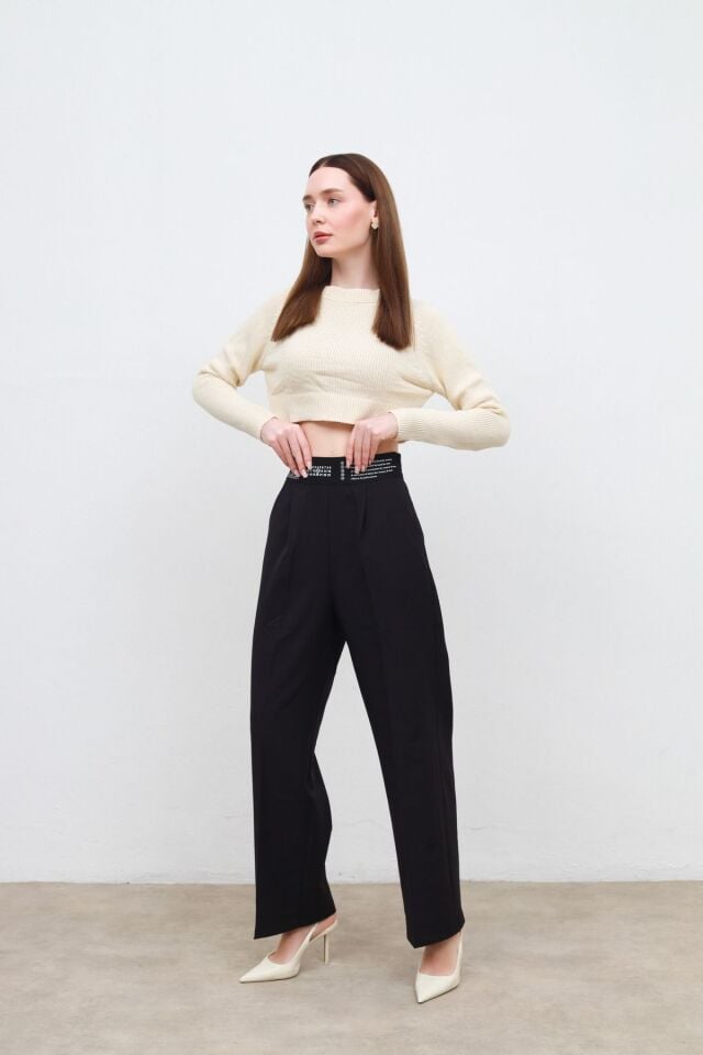 beli baskılı, lastikli pantolon siyah - S