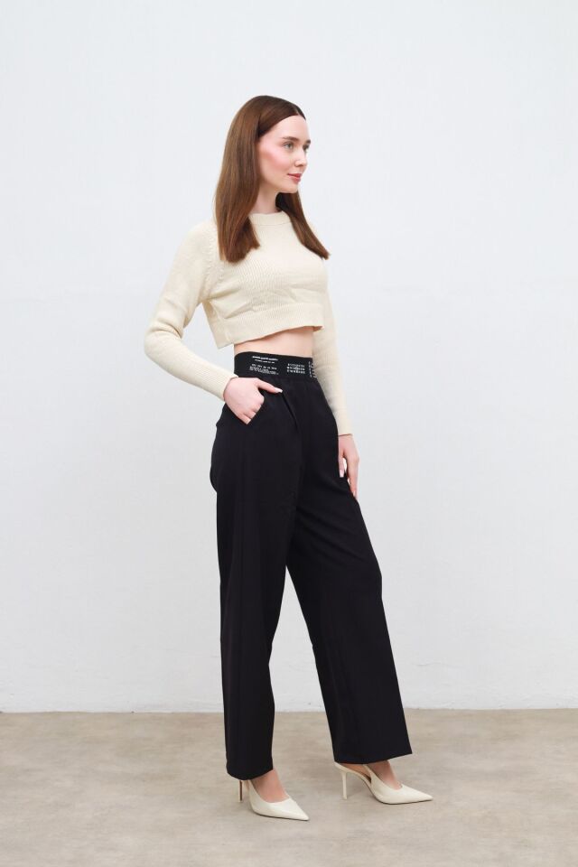 beli baskılı, lastikli pantolon siyah - S