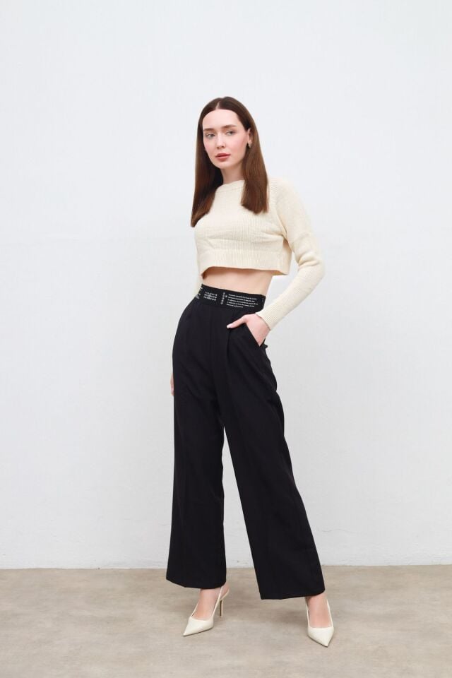 beli baskılı, lastikli pantolon siyah - L