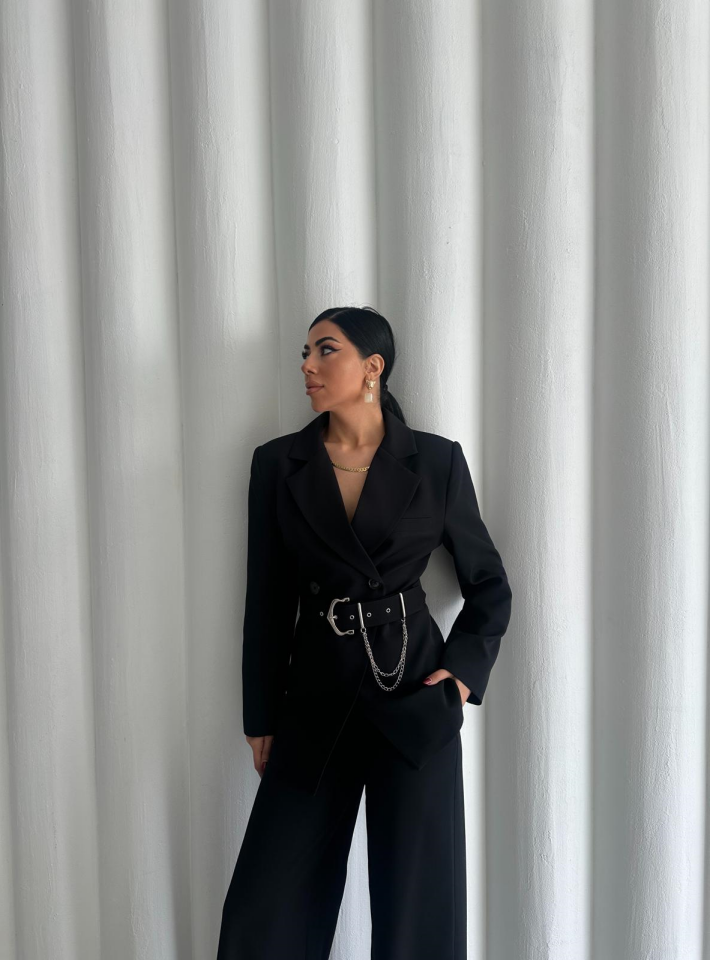 Zincir Kemer Detaylı Ceket Pantolon Takım - Siyah