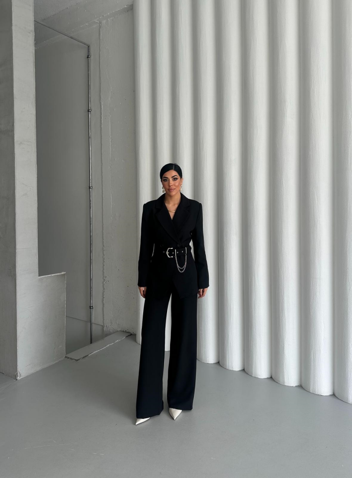 Zincir Kemer Detaylı Ceket Pantolon Takım - Siyah