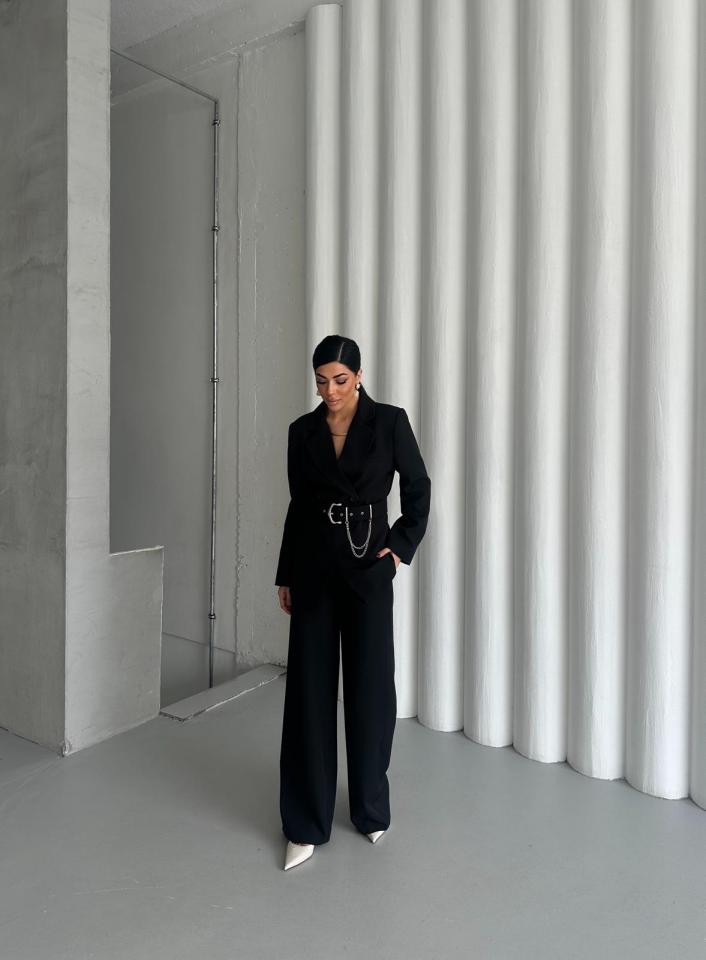 Zincir Kemer Detaylı Ceket Pantolon Takım - Siyah