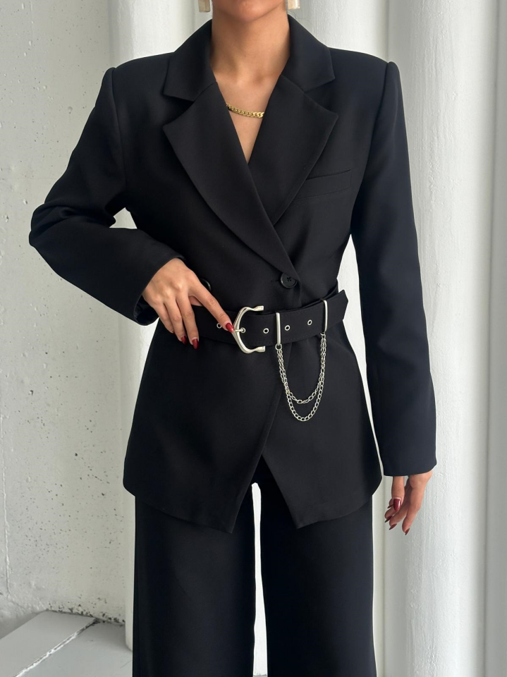 Zincir Kemer Detaylı Ceket Pantolon Takım - Siyah