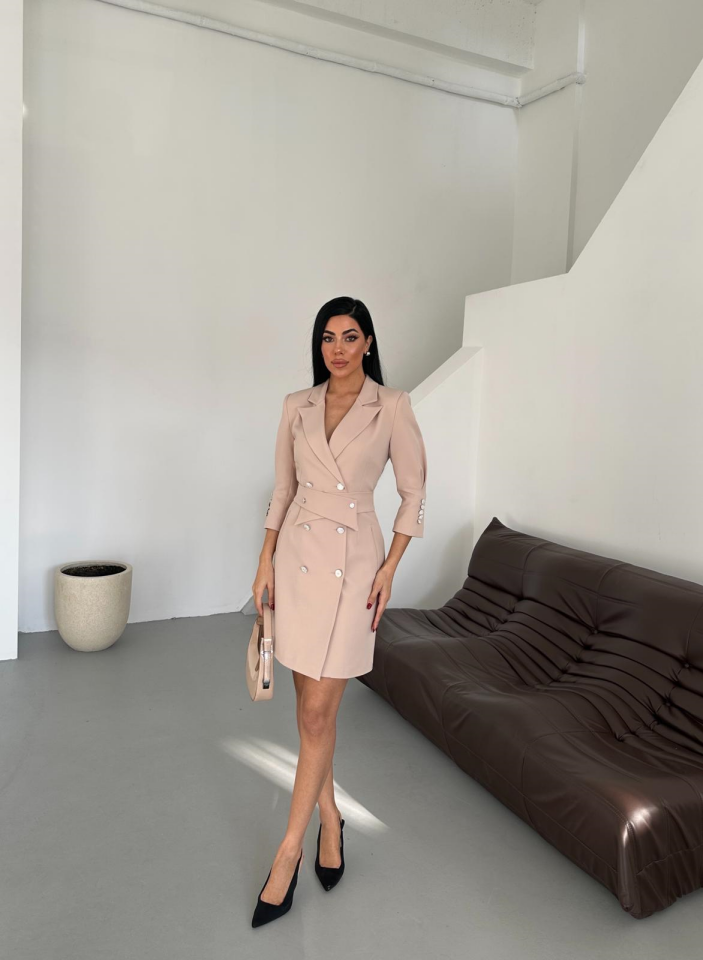 Kemer Detaylı Ceket Elbise - Bej