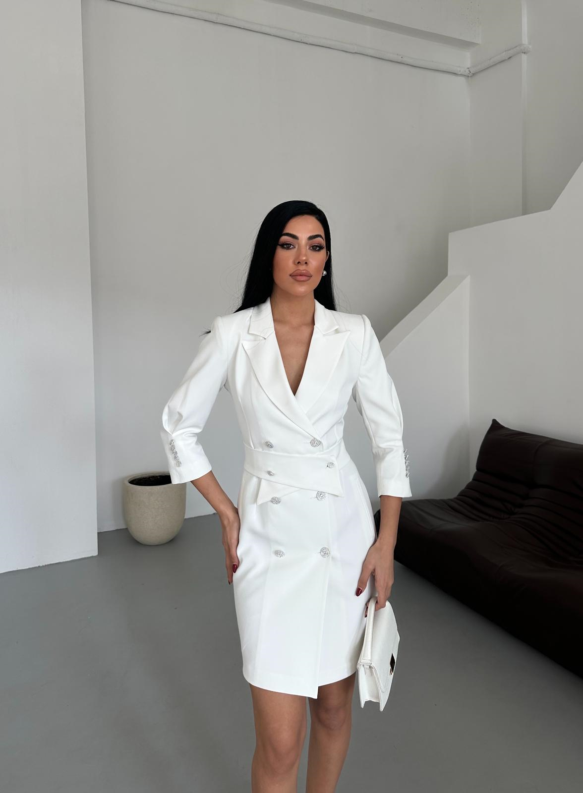 Kemer Detaylı Ceket Elbise - Beyaz