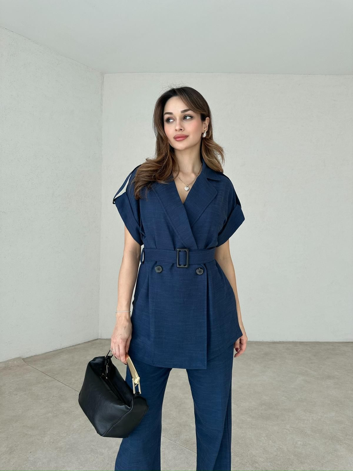 Uzun Keten Yelek Pantolon Takım - Lacivert