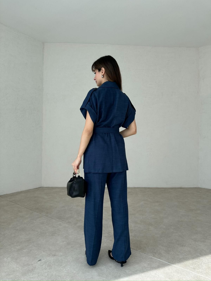 Uzun Keten Yelek Pantolon Takım - Lacivert