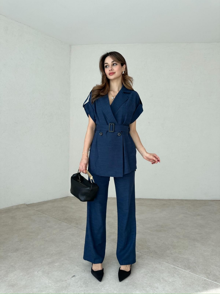 Uzun Keten Yelek Pantolon Takım - Lacivert