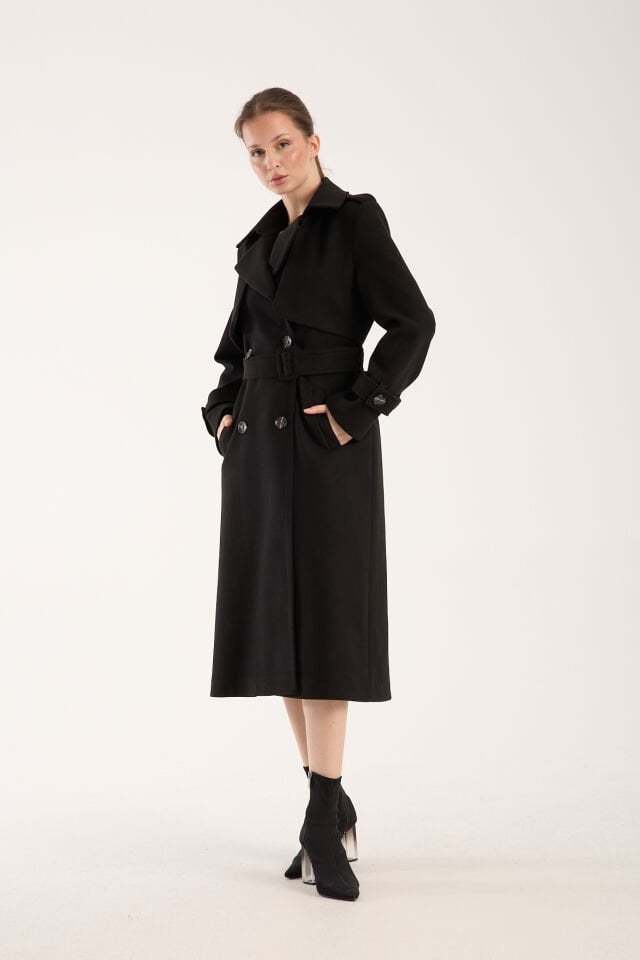 Trençkot Uzun Kaşe Kaban - Siyah