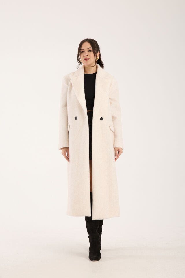 Fox Kumaş Uzun Oversize Kaban - Krem