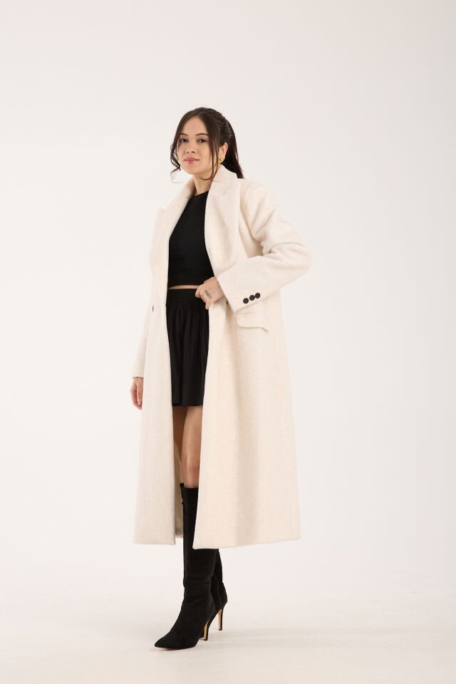 Fox Kumaş Uzun Oversize Kaban - Krem