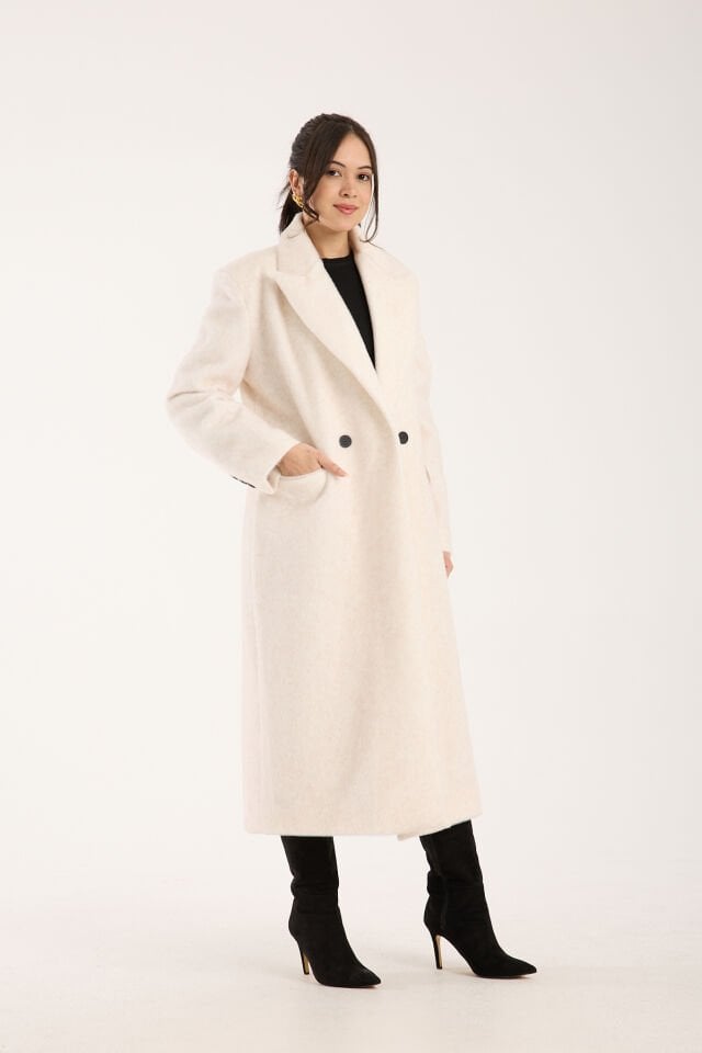 Fox Kumaş Uzun Oversize Kaban - Krem