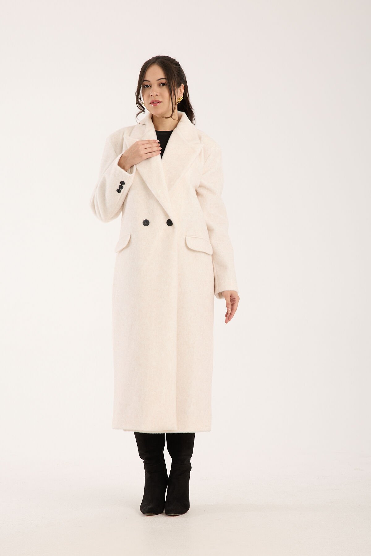 Fox Kumaş Uzun Oversize Kaban - Krem