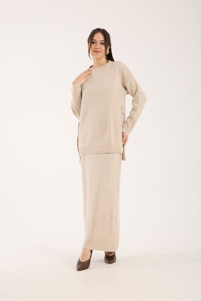 Triko Uzun Etek Bluz Takım Bej