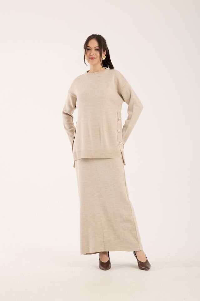 Triko Uzun Etek Bluz Takım Bej