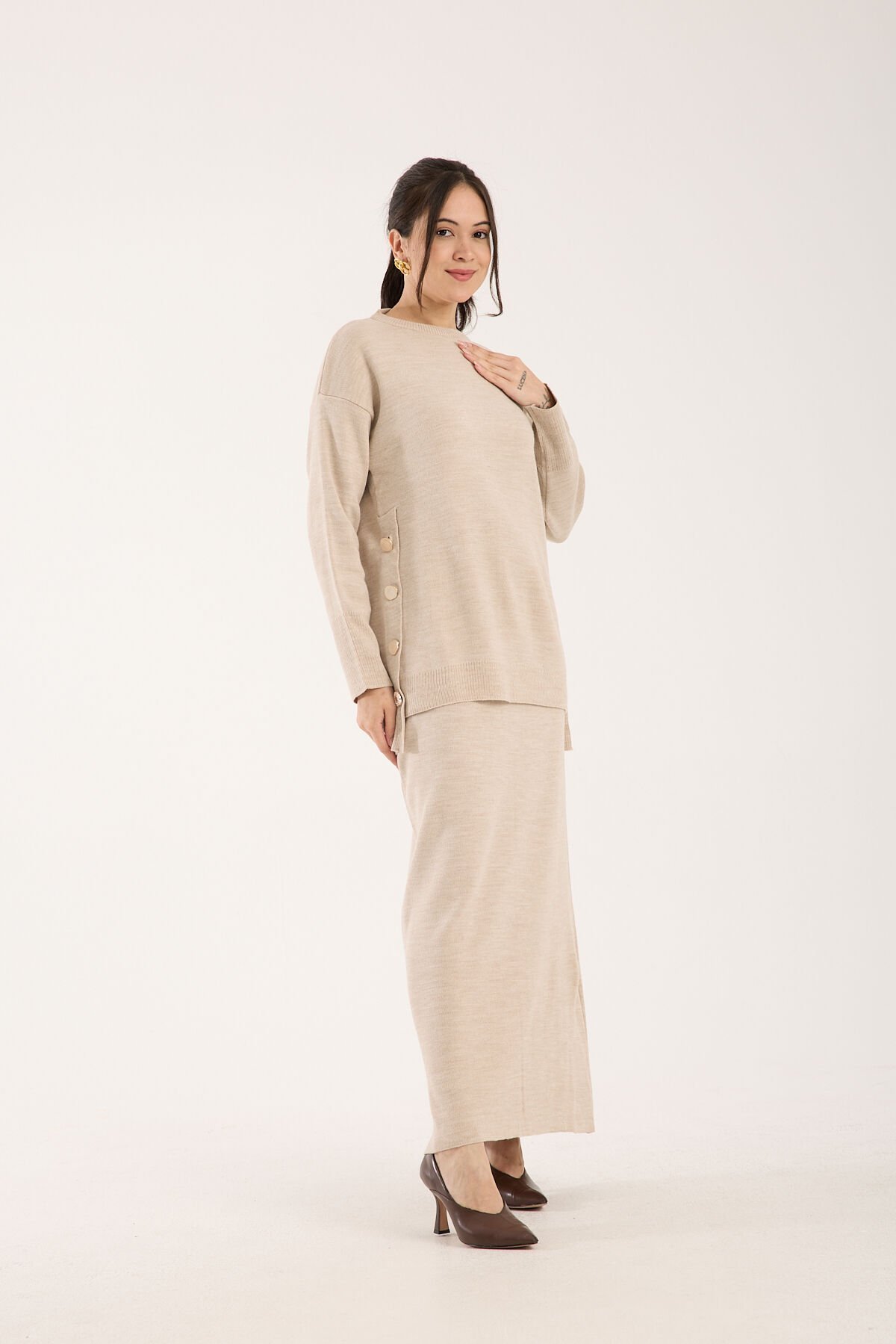 Triko Uzun Etek Bluz Takım Bej