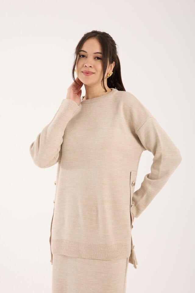 Triko Uzun Etek Bluz Takım Bej