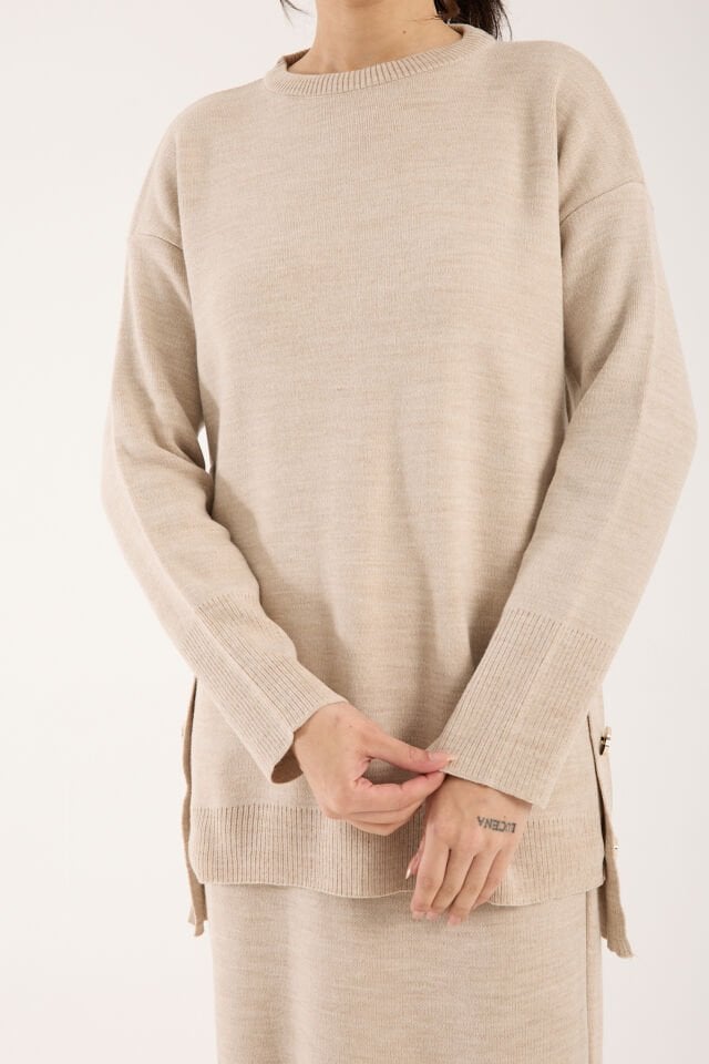 Triko Uzun Etek Bluz Takım Bej