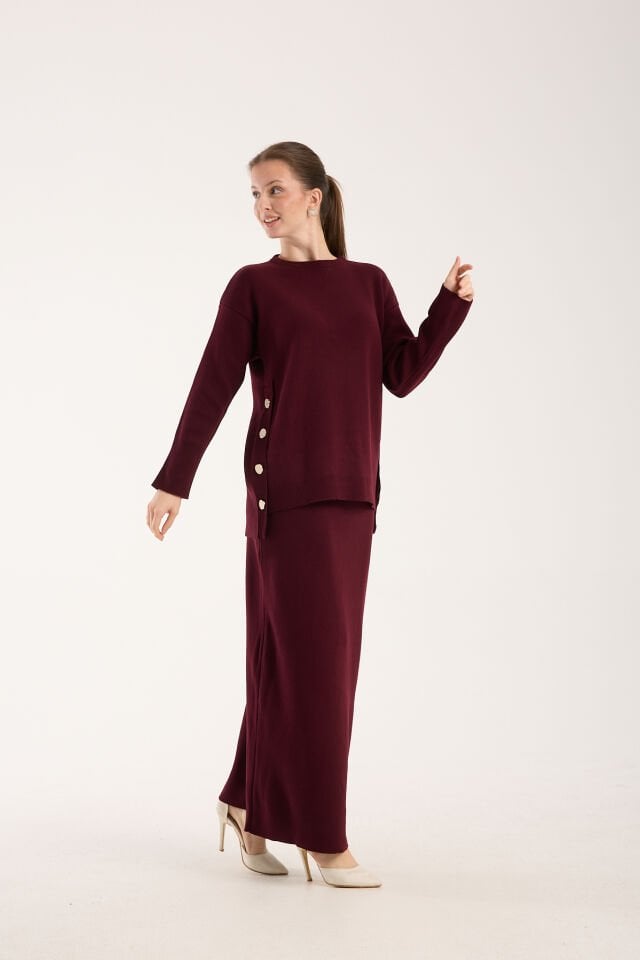 Triko Uzun Etek Bluz Takım - Bordo