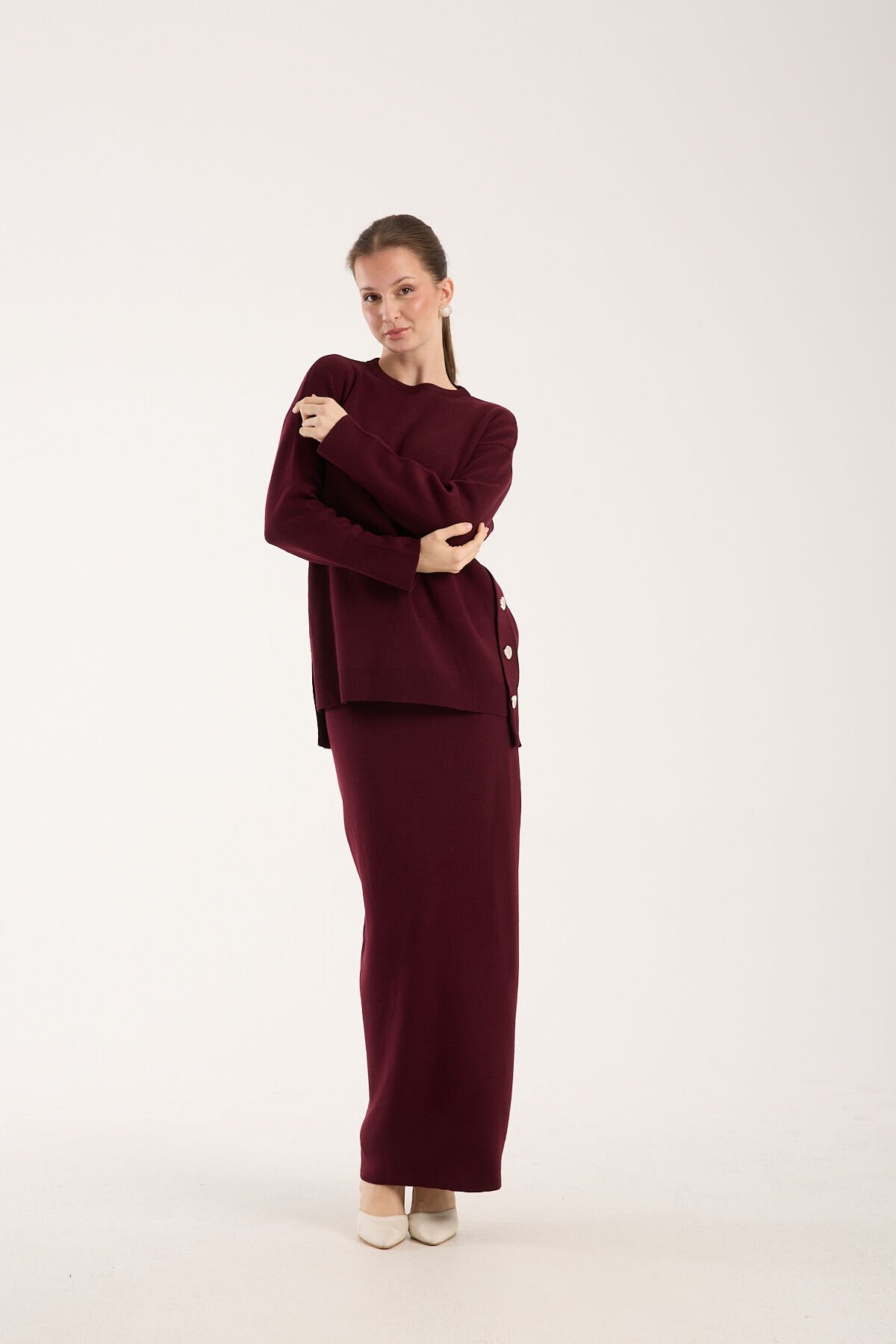 Triko Uzun Etek Bluz Takım Bordo