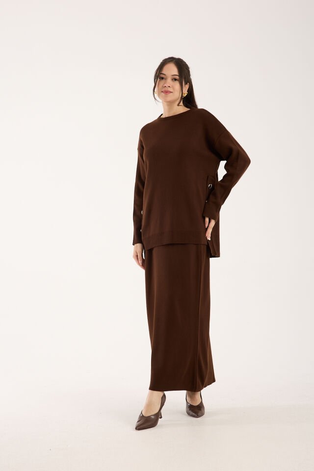 Triko Uzun Etek Bluz Takım Kahve