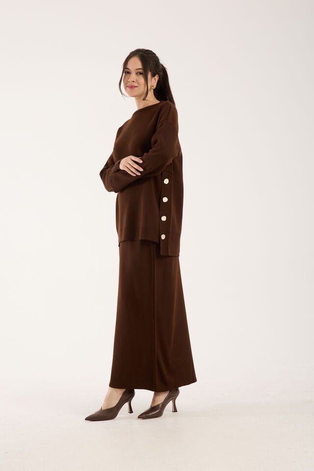 Triko Uzun Etek Bluz Takım Kahve