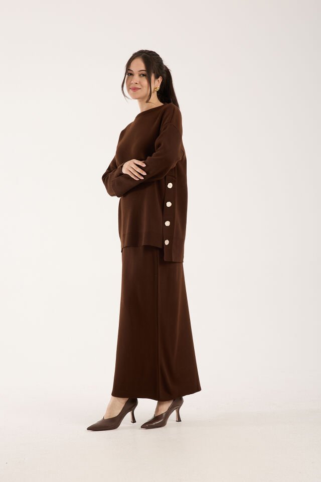 Triko Uzun Etek Bluz Takım - Kahverengi