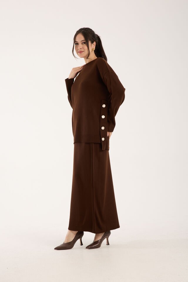 Triko Uzun Etek Bluz Takım - Kahverengi