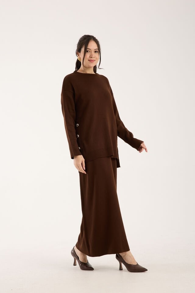 Triko Uzun Etek Bluz Takım Kahve