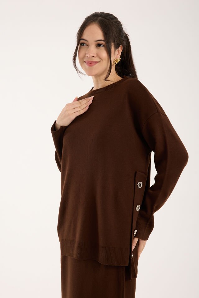 Triko Uzun Etek Bluz Takım - Kahverengi