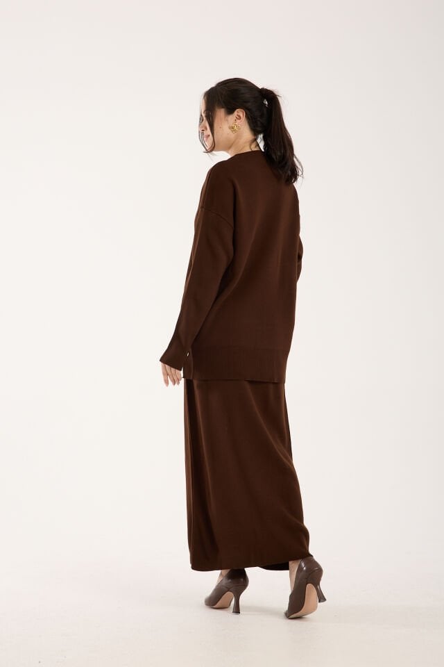 Triko Uzun Etek Bluz Takım Kahve