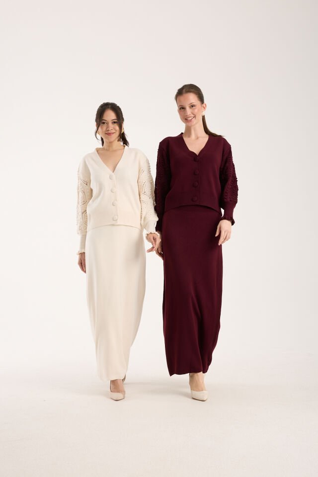 Triko Uzun Etek Ajurlu Kol Ceket Takım - Bordo