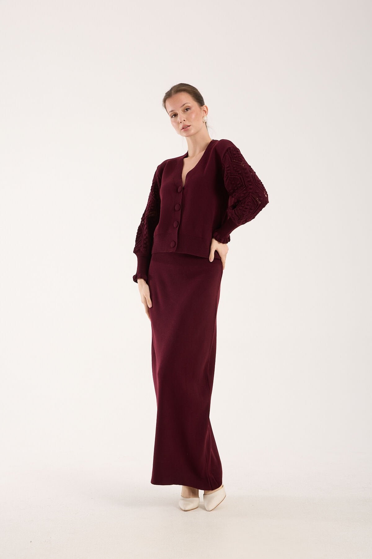 Triko Uzun Etek Ajurlu Kol Ceket Takım - Bordo