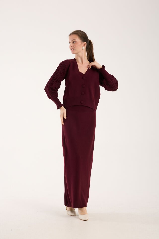 Triko Uzun Etek Ajurlu Kol Ceket Takım Bordo