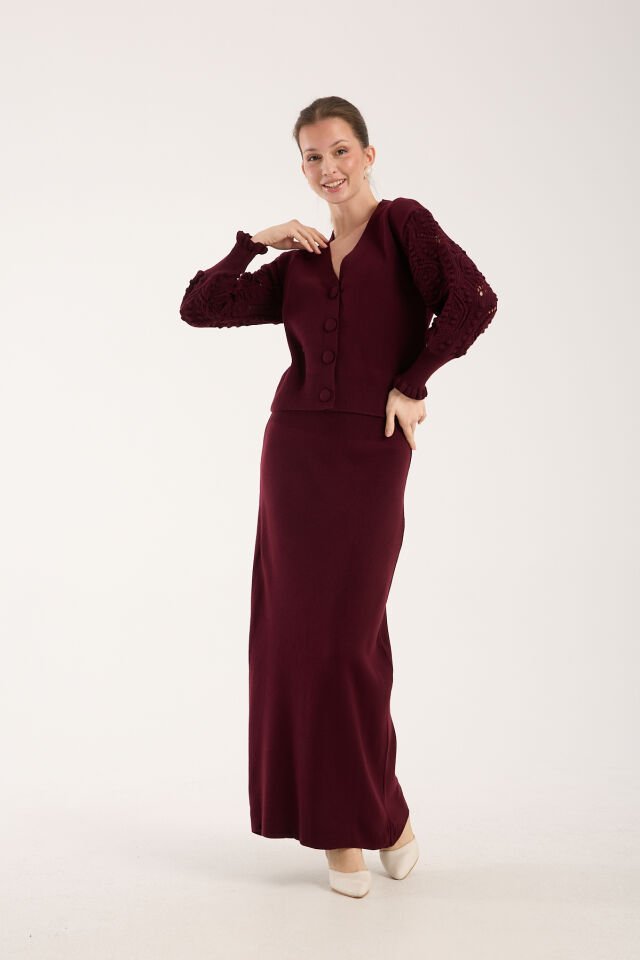 Triko Uzun Etek Ajurlu Kol Ceket Takım Bordo