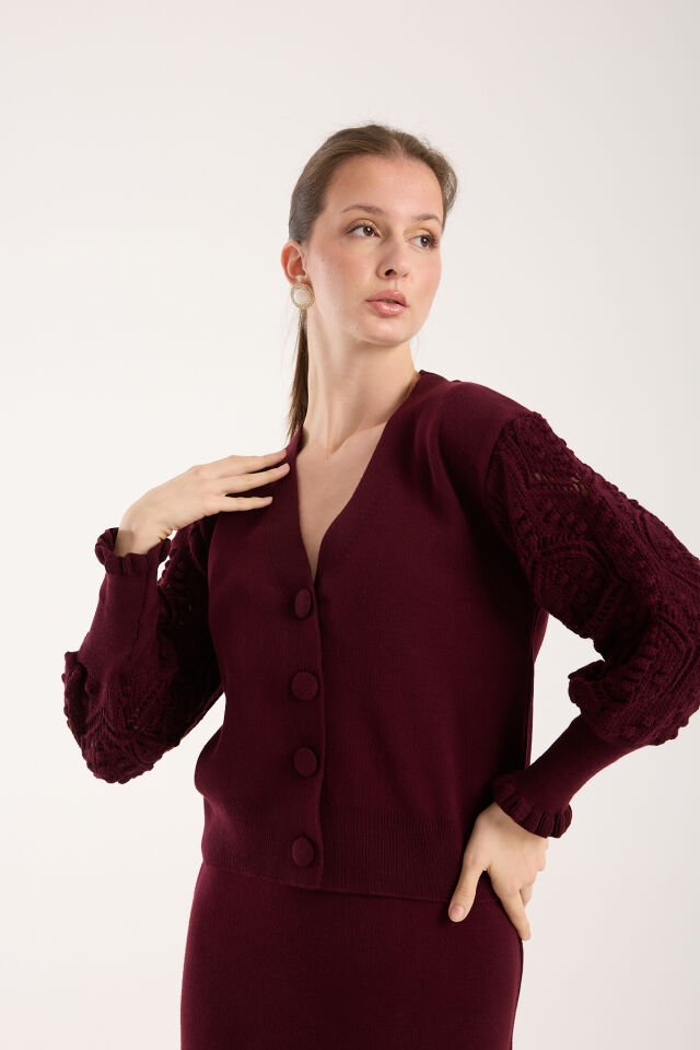 Triko Uzun Etek Ajurlu Kol Ceket Takım Bordo