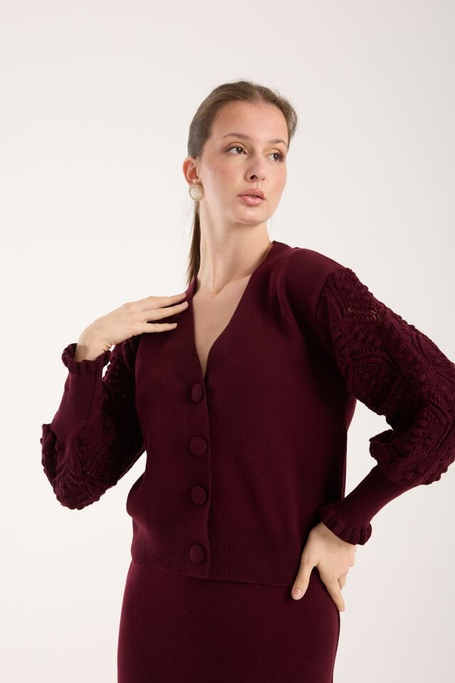 Triko Uzun Etek Ajurlu Kol Ceket Takım - Bordo