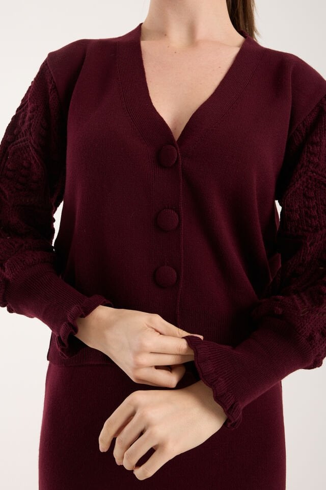 Triko Uzun Etek Ajurlu Kol Ceket Takım Bordo