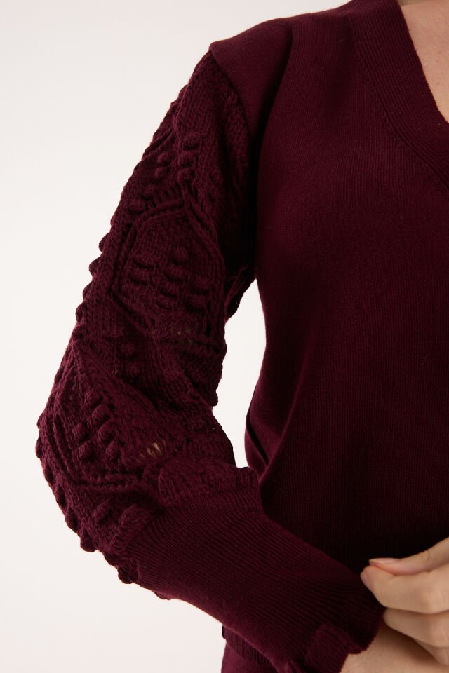 Triko Uzun Etek Ajurlu Kol Ceket Takım Bordo